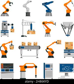 Automatisierungssymbole mit Roboter- und Förderersymbolen flach isoliert vektorgrafik Stock Vektor