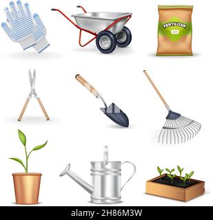 Gartenarbeit realistische dekorative Symbole Satz von Werkzeugen für die Arbeit in Garten Sämling Handschuhe und Paket mit Dünger Vektor Illustration Stock Vektor