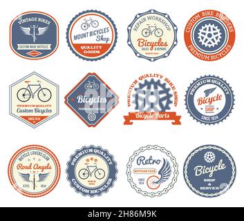 Radfahren und Fahrräder Club Retro Embleme Set isoliert Vektor Illustration Stock Vektor