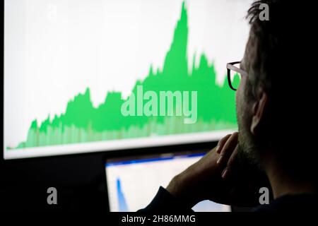 Analysten von Krypto-Händlern, die auf dem Computerbildschirm an den Online-Aktienmarkt denken, der mit globalen Risiken für Investitionen umgeht. Stockfoto