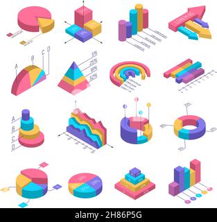 Satz isolierter isometrischer Diagramme für Infografiken mit geometrischen Körpern Von unterschiedlicher Form mit bunten Segmenten Vektor-Illustration Stock Vektor