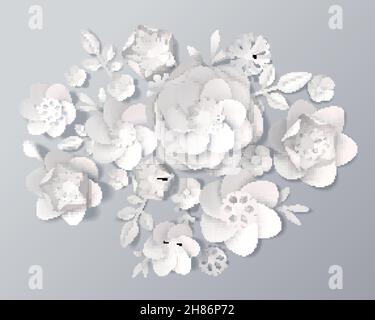 Set von realistischen weißen Papierblumen verschiedener Art mit Blätter auf grauem Hintergrund 3D Vektorgrafik Stock Vektor