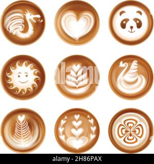 Latte Coffee Art realistisches Set mit Herzsonne und Drachen Isolierte Vektordarstellung Stock Vektor