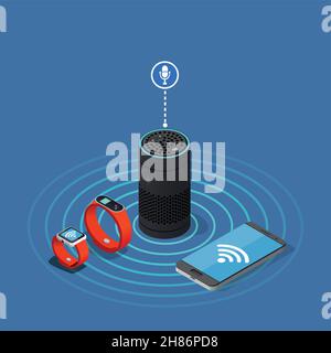 Internet der Dinge isometrische Komposition auf blauem Hintergrund mit Assistant Speaker, Smartphone, Uhr und Tracker Vektor Illustration Stock Vektor