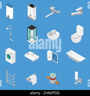 Sanitärtechnik einschließlich Armaturen, Bad, Waschbecken, Toilette, Waschmaschinen isometrische Symbole isoliert auf blauem Hintergrund Vektor-Illustration Stock Vektor