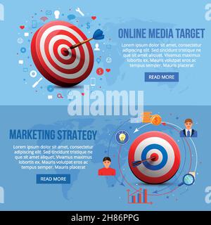 Horizontale Banner mit realistischen Zielen für Online-Medien Targeting und Marketing-Strategie, blauer Hintergrund isoliert Vektor-Illustration Stock Vektor