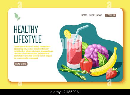 Healthy lifestyle isometric landing page with text and visual information about foods that are useful for body vector illustration Stock Vektor