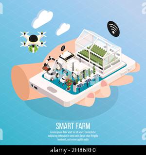 Smart Farm auf der Hand Komposition Set mit Technologie-Symbole isometrisch vektorgrafik Stock Vektor