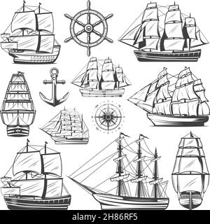Vintage große Schiffe Sammlung mit verschiedenen Schiffen Boote Lenkrad Anker- und Navigationskompass isolierte Vektordarstellung Stock Vektor