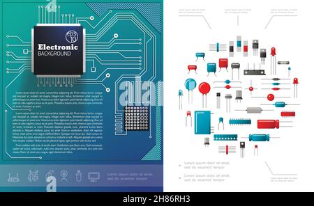Flaches elektronisches Bauelemente-Konzept mit Mikrochip-Dioden auf der Platine Vektorgrafik Kondensatoren und Transistoren Stock Vektor