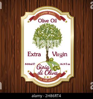 Extra natives Olivenöl Etikett mit Pflanzen Zweige Bild auf Dunkelbraune Holztisch Hintergrund Vektor-Illustration Stock Vektor