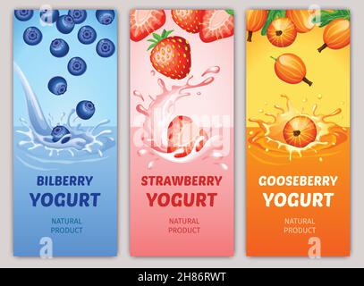 Cartoon natürliche milchige Produkte vertikale Banner mit Heidelbeere Erdbeere und Stachelbeeren fallen in Milch Spritzer Vektor-Illustration Stock Vektor