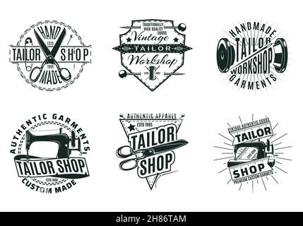 Monochrom vintage Schneider Shop Logos Set mit Aufschriften Schere Pin Nadel Spule Nähmaschine isoliert Vektor-Illustration Stock Vektor