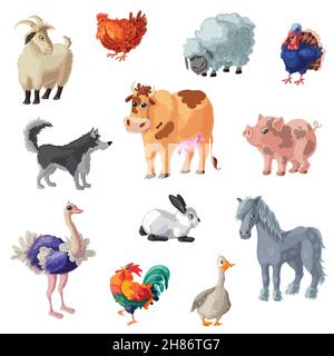 Set von zwölf isolierten dekorative Symbole mit bunten Cartoon-Stil Bauernhof Tiere Bilder auf leeren Hintergrund Vektor-Illustration Stock Vektor