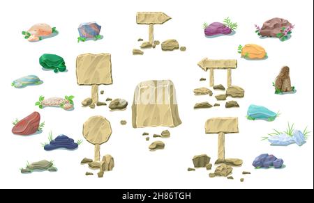 Cartoon natürliche Steine Sammlung mit bunten schönen Felsen blank Schilder Zeiger und Pflanzen isolierte Vektor-Illustration Stock Vektor