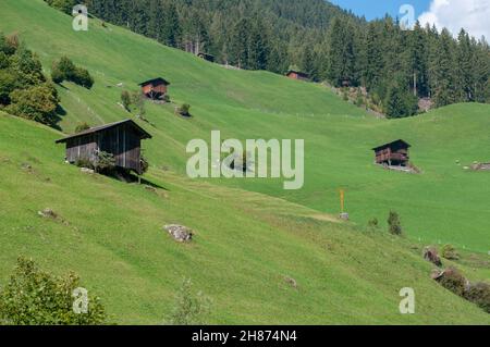 Landwirtschaftlichen Schuppen auf der Bergseite. Im Stubaital, Tirol, Österreich fotografiert. Stockfoto