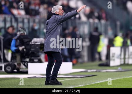 Gian Piero Gasperini, Cheftrainer von Atalanta BC, zeigt während des Serie-A-Spiels zwischen Juventus FC und Atalanta BC Stockfoto