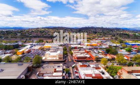 Albury regionale ländliche und industrielle Stadt auf NSW - Victoria Grenze um Bahnhof in Luftbild Stadtbild Ansicht. Stockfoto