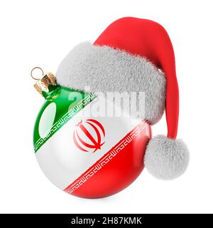 Weihnachtsball mit iranischer Flagge und Weihnachtsmannhut. Weihnachten und Neujahr im Iran, Konzept. 3D Darstellung isoliert auf weißem Hintergrund Stockfoto