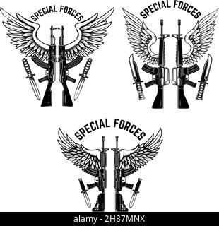 Spezialeinheiten. Satz Sturmgewehre mit Flügeln. Designelement für Logo, Etikett, Schild, Emblem. Vektorgrafik Stock Vektor