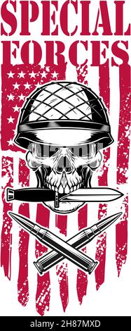 Spezialeinheiten. Totenkopf im Armeehelm mit gekreuzten Kugeln auf amerikanischem Flaggenhintergrund. Designelement für Logo, Etikett, Schild, Emblem. Vektorgrafiken Stock Vektor