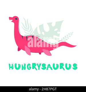 Niedlicher Dinosaurier Loch Ness nessie Vektor-Charakter. Dino flacher handgezeichneter Clipart. Skizze jurassic Reptile mit Namen des Dino-Schriftzüges. Isolierte Karikatur Stock Vektor