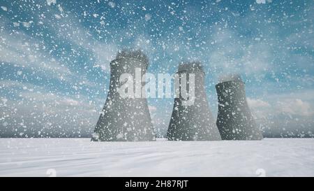 Kernkraftwerk im Winter Schnee fallen Atomenergie sonnigen Tag 3D Render Stockfoto