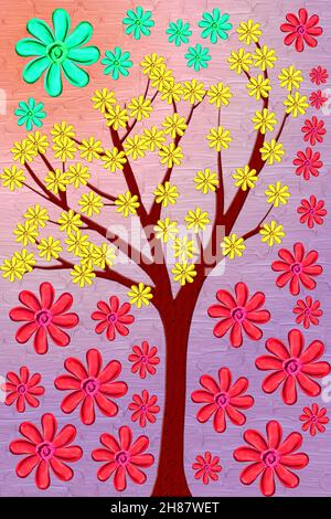 Baum und Blume impasto Öl auf Leinwand Stockfoto