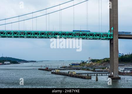 Göteborg, Göteborg: Brücke Älvsborgsbron Mündung des Flusses Göta älv, Hafen in , Västra Götalands län, Schweden Stockfoto