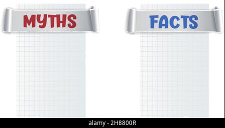 Mythen und Fakten zeichnen sich aus. Myths vs Facts Header-Design mit Rahmen für Text. Wahre oder falsche Fakten platzen. Papier zerrissen Design für alle Zwecke. Stock Vektor