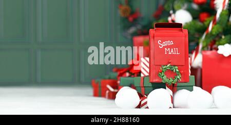 Weihnachtsbanner mit rotem weihnachtsmann-Briefkasten vor Baum mit grünem Hintergrund und Kopierplatz Stockfoto