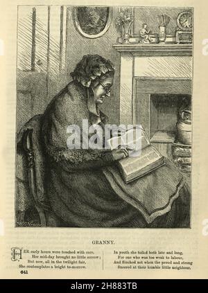 Oma, ältere Frau beim Lesen eines Buches, bibel, am Kamin, viktorianisch 1870s, 19th Jahrhundert Stockfoto