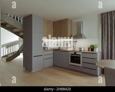 3D Render einer Studio-Küche in Pastellfarben. Stockfoto