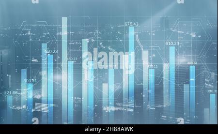 Universeller Hintergrund. Diagramme mit Zahlen auf dem Hintergrund der Stadt. Stockfoto