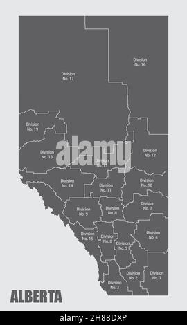Verwaltungskarte der Provinz Alberta, Kanada. Isolierte Karte mit Beschriftungen. Stock Vektor