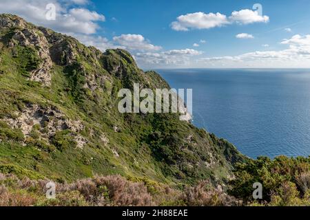 Luftaufnahme von einem Blick auf die Insel Gorgona, Italien, an einem sonnigen Tag Stockfoto