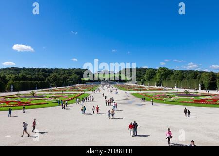 Wien, Österreich - 9. August 2011 : schöner Schlossgarten Schönbrunn mit Gloriette im Hintergrund und Touristen, die in Wien, Österreich, herumlaufen. Stockfoto