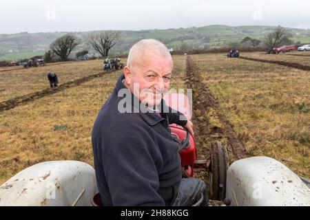 Cahermore, West Cork, Irland. 28th. November 2021.Michael Coomey aus Timoleague über seinen Jahrgang 1960 David Brown 95, der am Spiel der Cork West Pflügen Association im Land von Geoffery Wycherley, Cahermore, West Cork, Irland, teilnahm. - Credit: David Creedon/Alamy Live News Stockfoto