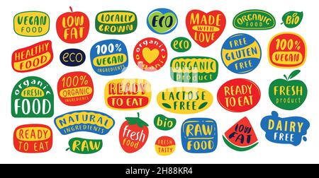 Organische, natürliche Etiketten und Symbole, Tags. Badges Set aus veganen, gesunden Lebensmitteln, Bio-Zeichen und Elementen Stock Vektor