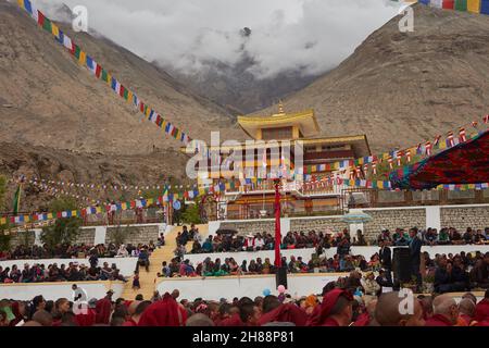 Disket, Nubra Valley.Indien.13. Juli 2017. Seine Heiligkeit, der Dalai Lama, 14, hat drei Tage lang über die Meditati von Kamalashila in den "Phasen der Meditation" gelehrt Stockfoto