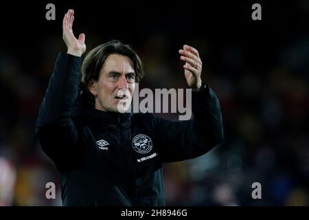 London, Großbritannien. 28th. November 2021. Brentford-Manager Thomas Frank beim Premier League-Spiel zwischen Brentford und Everton im Brentford Community Stadium, London, England, am 28. November 2021. Foto von Carlton Myrie. Nur zur redaktionellen Verwendung, Lizenz für kommerzielle Nutzung erforderlich. Keine Verwendung bei Wetten, Spielen oder Veröffentlichungen einzelner Clubs/Vereine/Spieler. Kredit: UK Sports Pics Ltd/Alamy Live Nachrichten Stockfoto