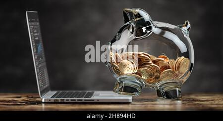 Sparschwein mit Münzen und Börsengraph auf dem Laptop-Bildschirm. Einsparungs- und Einsparungskonzept. 3D Abbildung Stockfoto