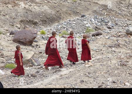 Disket, Nubra Valley. Indien. 13. Juli 2017. Junge buddhistische Mönche beim Bruch der Lehren seiner Heiligkeit des Dalai Lama 14 Stockfoto