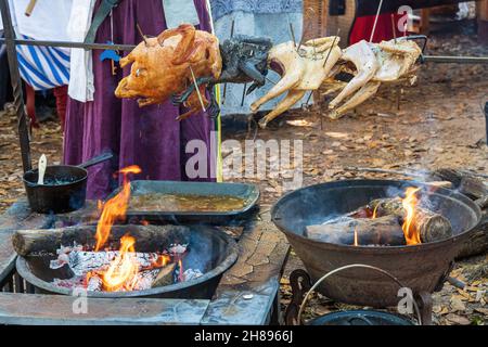 Rotisserie kochte Vögel auf einem Spieß über offenen Feuerstellen - Florida, USA Stockfoto