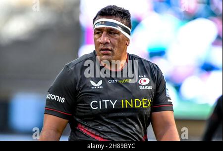 London, Großbritannien. 28th. November 2021. Mako Vunipola von Saracens während des Rugby-Spiels der Gallagher Premiership zwischen Saracens und Sale Sharks im StoneX Stadium, London, England am 28. November 2021. Foto von Phil Hutchinson. Nur zur redaktionellen Verwendung, Lizenz für kommerzielle Nutzung erforderlich. Keine Verwendung bei Wetten, Spielen oder Veröffentlichungen einzelner Clubs/Vereine/Spieler. Kredit: UK Sports Pics Ltd/Alamy Live Nachrichten Stockfoto