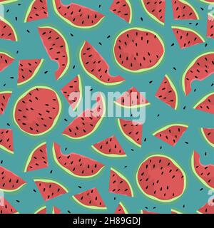 Nahtloses Wassermelonenmuster. Ganze und geschnitten reif saftig Wassermelonen auf weißem Hintergrund... Stock Vektor