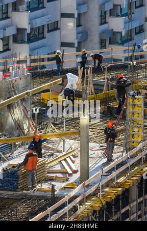 Wien, Wien: Baustelle, Bauarbeiter mit Deckenschalung im Jahr 22. Donaustadt, Wien, Österreich Stockfoto