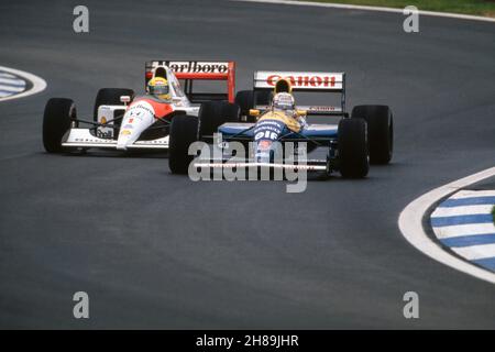 05 Mansell Nigel (gbr), Canon Williams Team, Williams-Renault FW14, 01 Senna Ayrton (BRA), Honda Marlboro McLaren, McLaren-Honda MP4/6, Aktion während des Großen Preises von Spanien 1991 auf dem Circuit de Barcelone-Catalunya, 14th Runde der FIA Formel 1 Meisterschaft 1991 vom 27. Bis 29. September 1991 in Barcelona, Spanien - Foto: Dppi F1/DPPI/LiveMedia Stockfoto