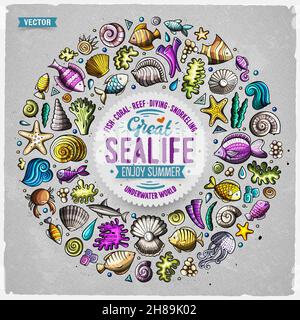 Bunte Vektor Hand gezeichnet Satz von Sealife Cartoon Doodle Objekte, Symbole und Elemente. Runder Rahmen Stock Vektor