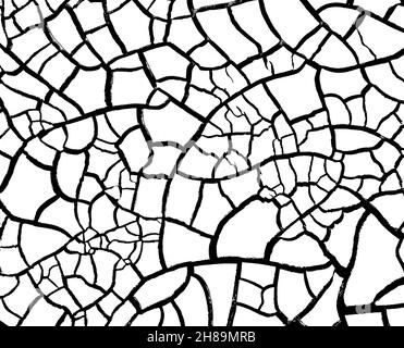 Oberfläche des getrockneten Seenbeckens mit Rissen im Schlamm. Schwarz-Weiß-Overlay mit natürlicher Textur Stockfoto
